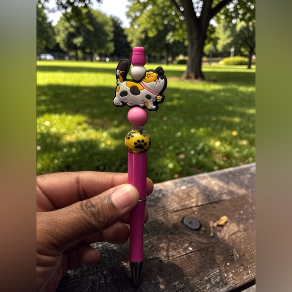 Accessories - Custom made Yellow & Pink Beaded Cat Pen